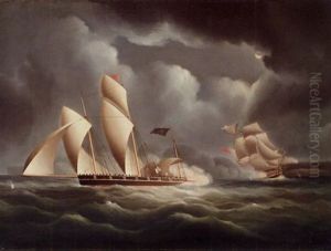 A British Frigate Attacking A Pirate Lugger At Night by James Edward Buttersworth