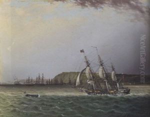 British Warship And Fleet Off A Coast