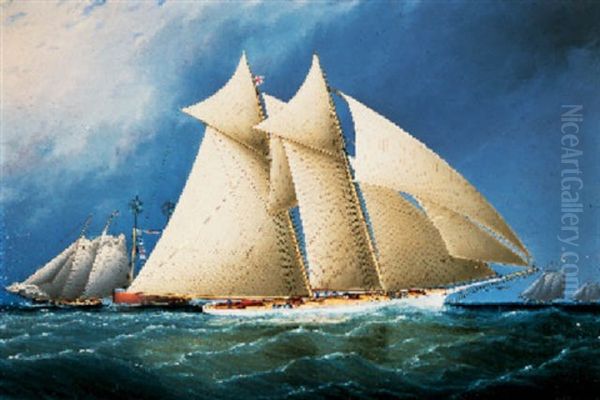 New York Yacht Club Schooner "columbia" Leading Schooner "dauntless" In The Hurricane Cup Race - view 1