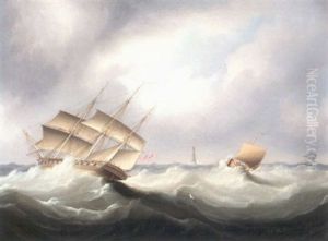 Shipping In A Strong Breeze Off Eddystone Lighthouse by James Edward Buttersworth