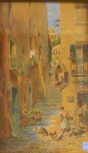 View Of An Alley With A Woman Feeding The Chickens by Alessandro Altamura