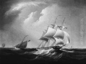 Frigate In A Choppy Sea With Other Vessels In The Distance by James Edward Buttersworth