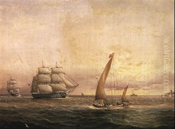 Two American Naval Vessels Entering Harbor - view 1