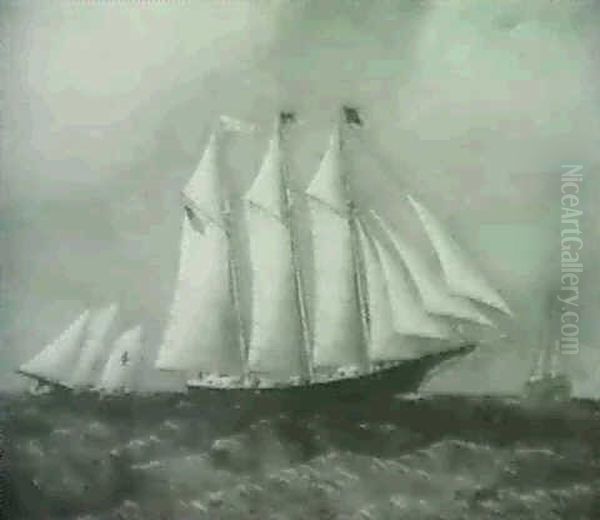 American Three-masted Centre- Board Schooner "washington"offthe Sandy Hook Lightship With Pilot Boat '4' In Background - view 1