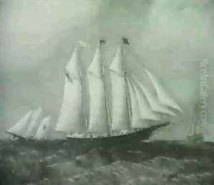American Three-masted Centre- Board Schooner "washington"offthe Sandy Hook Lightship With Pilot Boat '4' In Background by James Edward Buttersworth
