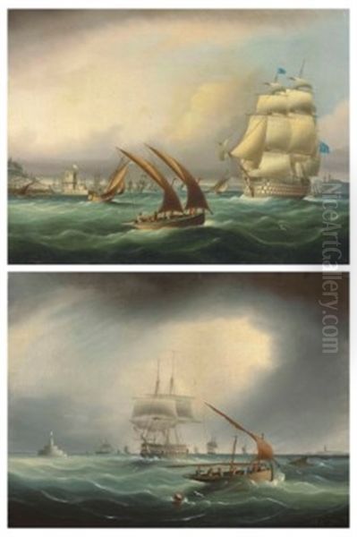 A Royal Navy First Rate Outward Bound From Lisbon, Passing The Belem Tower On Her Starboard Bow; And An Armed Merchantman Passing The Torre De Bugio, As She Enters The Tejo Estuary, Lisbon - view 1