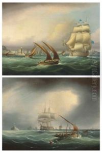 A Royal Navy First Rate Outward Bound From Lisbon, Passing The Belem Tower On Her Starboard Bow; And An Armed Merchantman Passing The Torre De Bugio, As She Enters The Tejo Estuary, Lisbon by Thomas Buttersworth