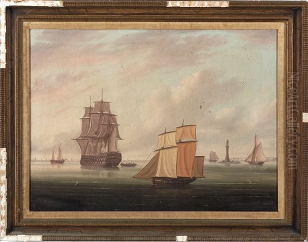 British Man 'o War At Anchor, With An Armed Brig In The Foreground - view 1