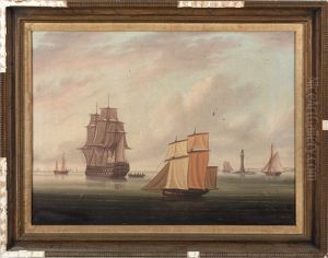 British Man 'o War At Anchor, With An Armed Brig In The Foreground by Thomas Buttersworth