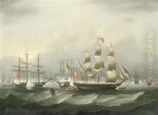 Ships Of The Fleet At Anchor In Spithead And Saluting The Arrival Of A Royal Yacht, Most Probably The Royal George - view 1