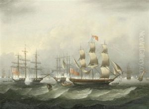 Ships Of The Fleet At Anchor In Spithead And Saluting The Arrival Of A Royal Yacht, Most Probably The Royal George by Thomas Buttersworth