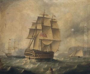 British '74' Engaging The Enemy, With A Pilot Cutter Beyond by Thomas Buttersworth