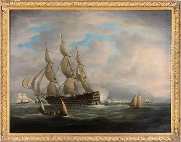 A 120-gun First Rate, Probably Hms Caledonia, Off The Harbour At Cadiz, Probably Homeward Bound And Saluting In Farewell - view 1