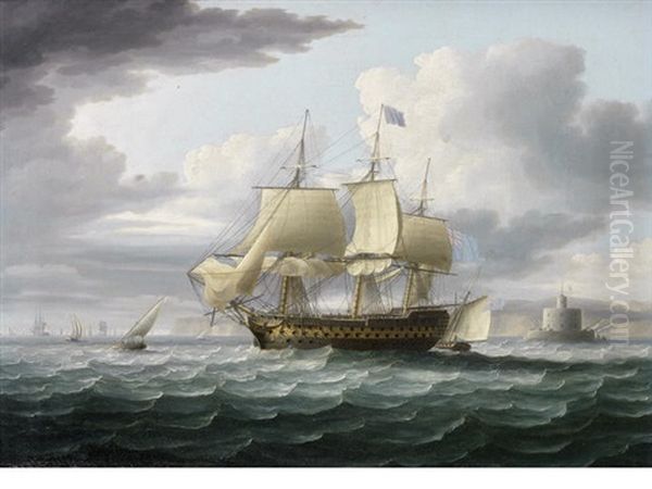 Admiral Lord St. Vincent's Flagship Ville De Paris Hove-to, But About To Get Underway Again Having Dropped Her Pilot Off The Bugio Lighthouse At The Mouth Of The Tagus - view 1