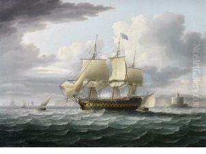 Admiral Lord St. Vincent's Flagship Ville De Paris Hove-to, But About To Get Underway Again Having Dropped Her Pilot Off The Bugio Lighthouse At The Mouth Of The Tagus