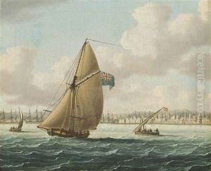 The Blockade Of Cadiz: The Spanish Fleet Lying In The Port Of Cadiz With A Royal Navy Cutter Patrolling The Harbour by Thomas Buttersworth