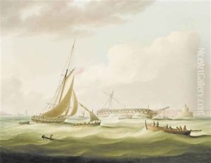 The Wreck Of H.m.s. Bombay Castle At The Mouth Of The Tagus, Lisbon On The 21st December 1796, With The Belem Tower Seen Beyond