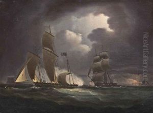 A Royal Navy Frigate Chasing An Enemy Lugger Under The Cover Of Darkness