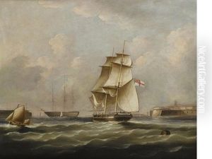 A Naval Brig Of The White Fleet Approaching An Anchorage by Thomas Buttersworth