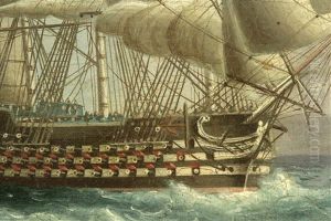 A British First Rate Departing The Targus by Thomas Buttersworth