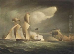 A Royal Navy Frigate Engaging And Chasing A Pirate Lugger Under The Cover Of Darkness