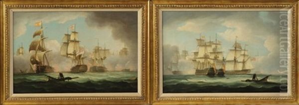 English And French Man O' War Ships Engaged In Combat (pair) - view 1
