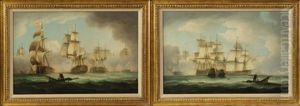 English And French Man O' War Ships Engaged In Combat (pair)