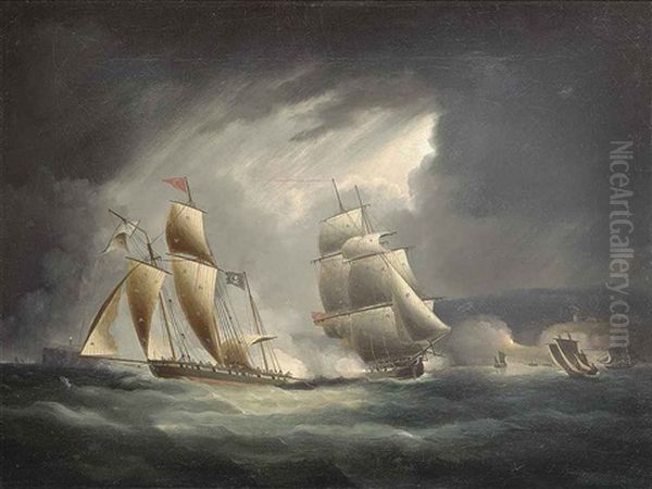 A Royal Navy Frigate Engaging And Chasing A Pirate Lugger Off The South Coast - view 1