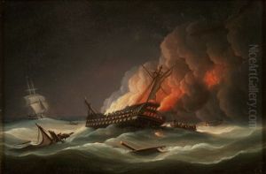Brennendes Schiff, Bergungsschiffe Und Zweimaster Auf Bewegter See Bei Nacht