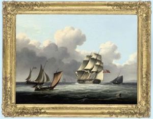 A Royal Naval Frigate Running Down The Channel Amidst Small Craft by Thomas Buttersworth