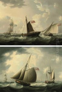 A Royal Navy Frigate In Choppy Waters (+ English And Dutch Fishing Boats Off The Coast; Pair) by Thomas Buttersworth