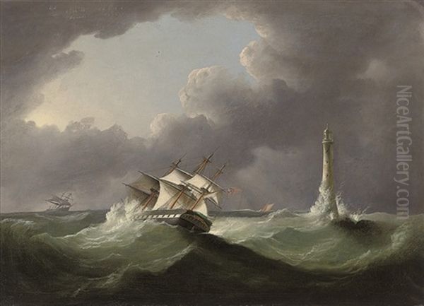 A Merchantman Reefed Down And Running Past The Eddystone Lighthouse In A Gale - view 1
