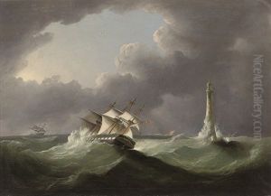 A Merchantman Reefed Down And Running Past The Eddystone Lighthouse In A Gale by Thomas Buttersworth