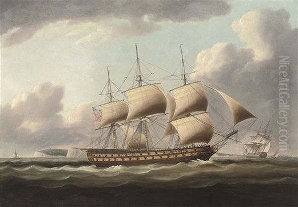 A 64-gun Warship In Two-positions In The Downs, With Walmer Castle In The Distance - view 1