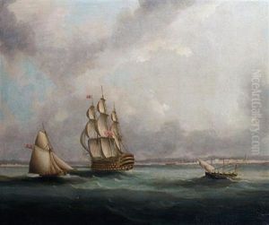 A Ship-of-the-line Off Cadiz, Probably The Flagship Of The Blockading Fleet, With An Armed Cutter Off Her Port Beam