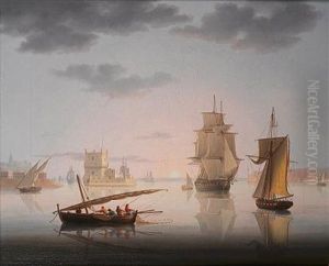 An English Frigate And An Armed Naval Cutter Becalmed In The Tagus Off The Belem Tower