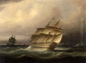 H.m.s. Britannia Bearing Away Down The Channel And Passing The Eddystone Lighthouse