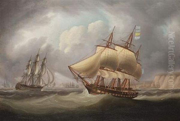 A Royal Navy Frigate Signalling To A Squadron Along The Coast - view 1
