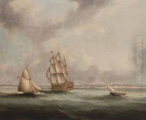 A First Rate Ship-of-the-line Passing Cadiz With An Armed Cutter Off Her Port Quarter by Thomas Buttersworth