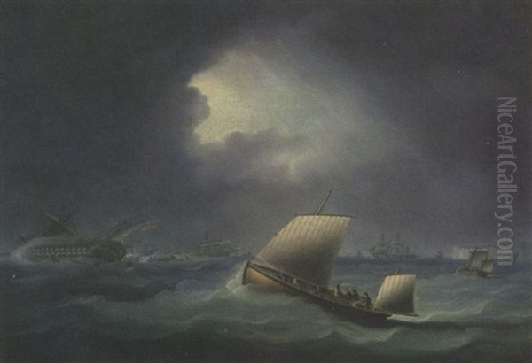 A British Warship And Other Shipping In The Channel Caught In A Gale With A Pilot Lugger Going To Rescue - view 1