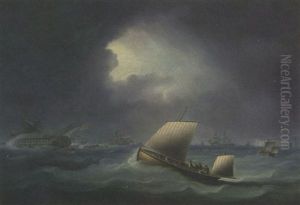 A British Warship And Other Shipping In The Channel Caught In A Gale With A Pilot Lugger Going To Rescue by Thomas Buttersworth
