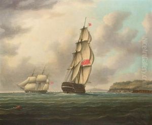 A Large Ship-of-the-line Heading Into Plymouth Sound As An Outward Bound Frigate Is Passing The Breakwater by Thomas Buttersworth
