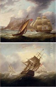 A Seventy-four Gun Third Rate Weaving Her Way Through Smaller Craft As She Enters Gibraltar (+ Two Frigates Caught In Heavy Seas, The Larger On A Collision Course With An On-coming Two-decker; Pair) A Seventy-four Gun Third Rate Weaving Her Way Through Smaller Craft As She Enters Gibraltar (+ Two Frigates Caught In Heavy Seas, The Larger On A Collision Course With An On-coming Two-decker; Pair)
