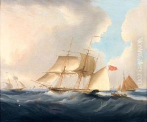 An Armed Sloop Hove To Awaiting A Pilot Boat, In A Stiff Breeze by Thomas Buttersworth