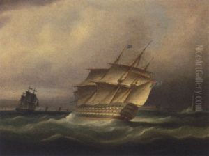 H.m.s. "britannia" Running Down The Channel And Passing The Eddystone Lighthouse by Thomas Buttersworth