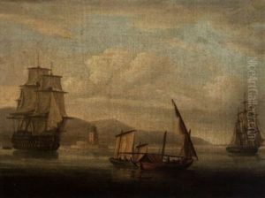 A British Man-o-war, A Frigate And Local Craft In A Light Breeze Off A Mediterranean Lighthouse by Thomas Buttersworth