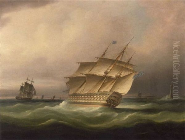 H.m.s "britannia" Beating Down The Channel Past The Eddystone Lighthouse - view 1