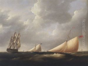 British Ship And Two Racing Yachts At Sea by Thomas Buttersworth