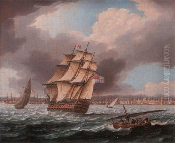 A Large First Rate, Probably A Flagship, Arriving Off Cadiz, The Spanish Fleet Lying At Anchor In The Roadstead - view 1