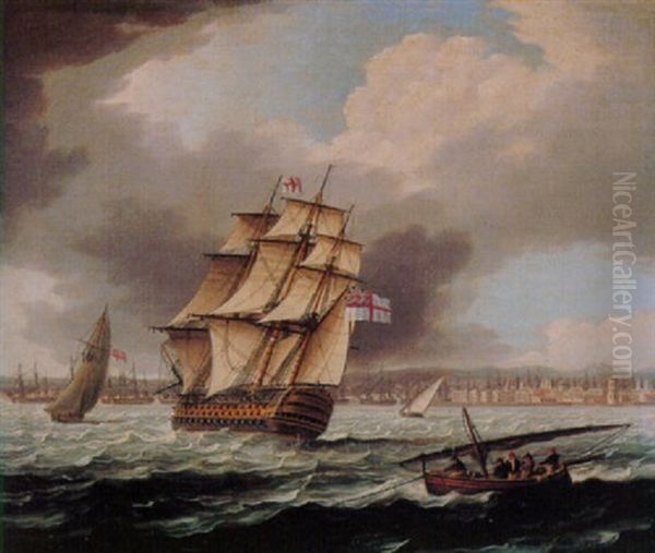 The Flagship Of The White Squadron With A Naval Cutter Off A Spanish Port - view 1